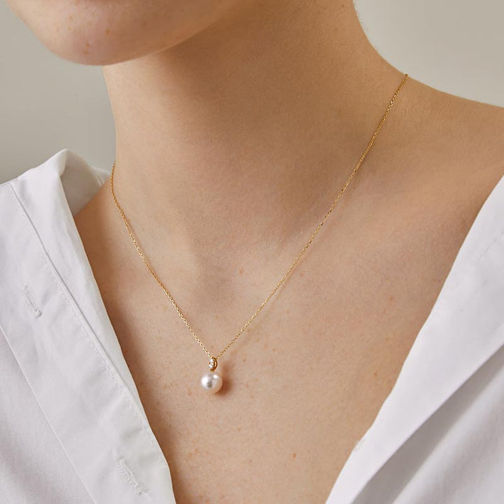 Akoya Pearl 18K Yellow Gold Twin Diamond Pendant Necklace