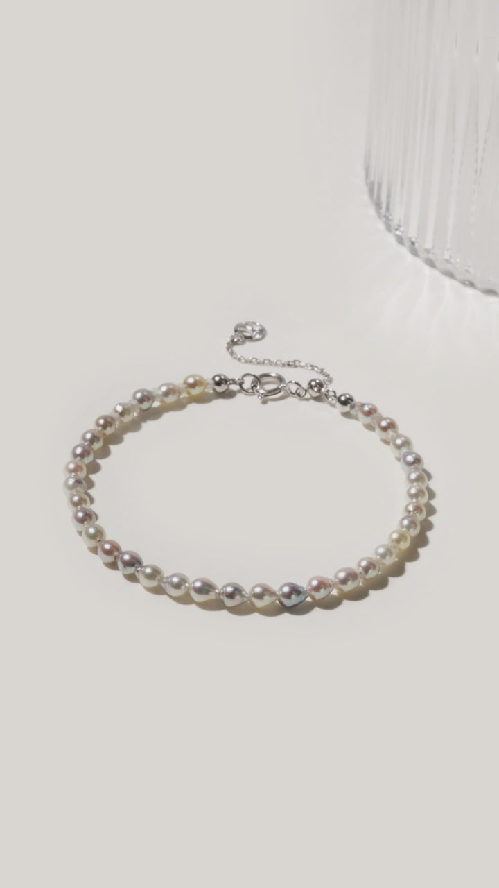 Baroque Silver Blue Akoya Pearl 18K Gold Tide Strand Bracelet