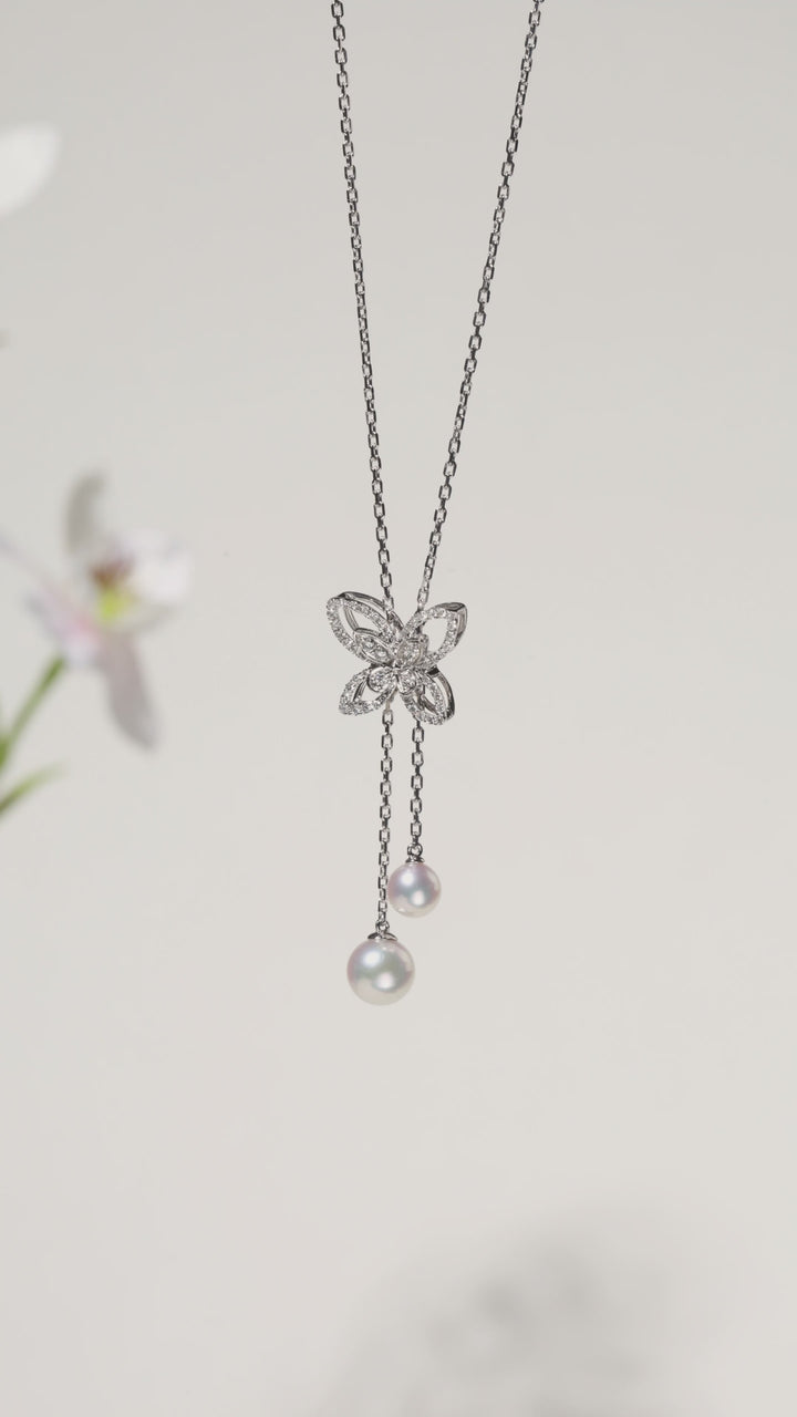 Akoya Pearls 18K Gold Diamond Butterfly Sliding Necklace