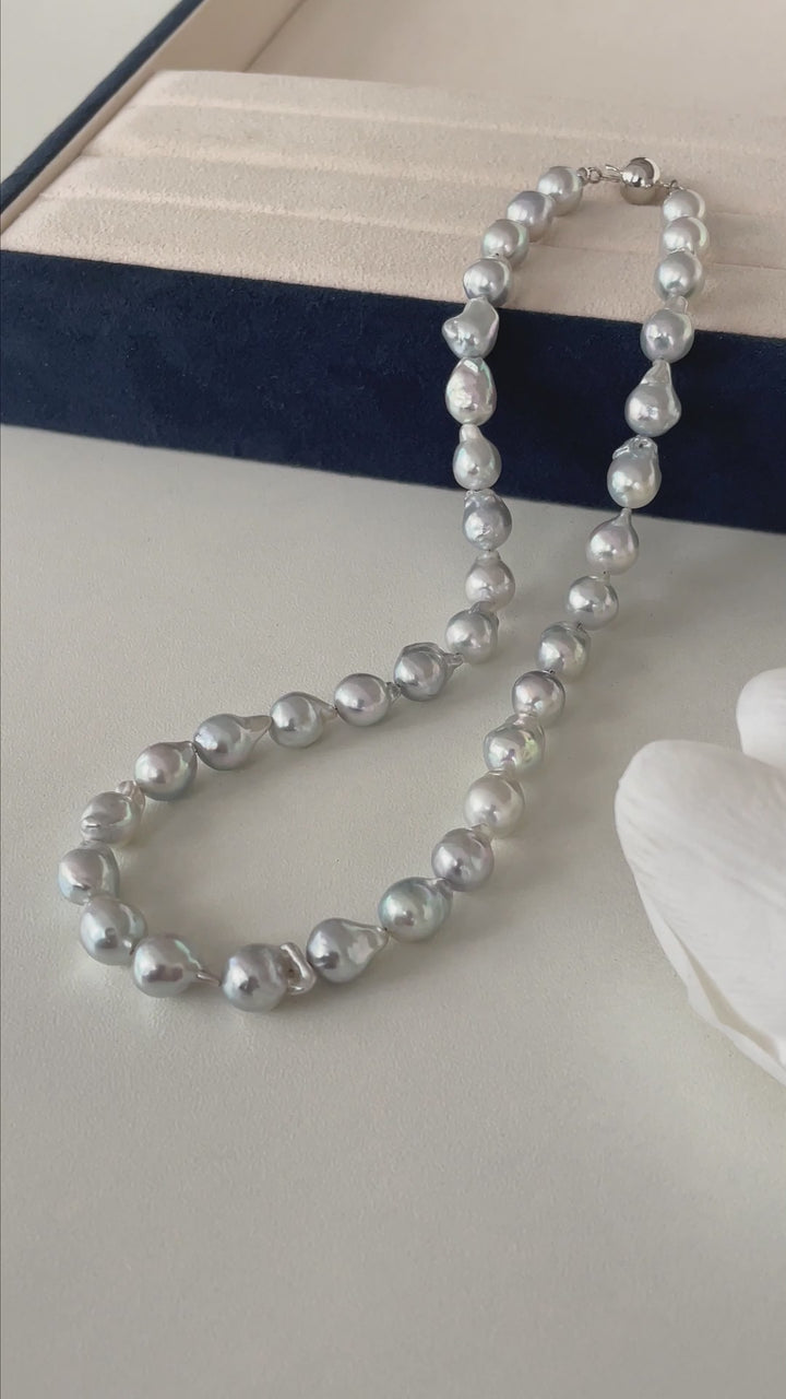 18k Gold Large Akoya Silver Blue Baroque Pearl Beaded Necklace