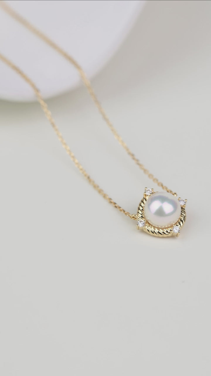 Akoya 18K Gold Textured Swirl Pearl Diamond Necklace