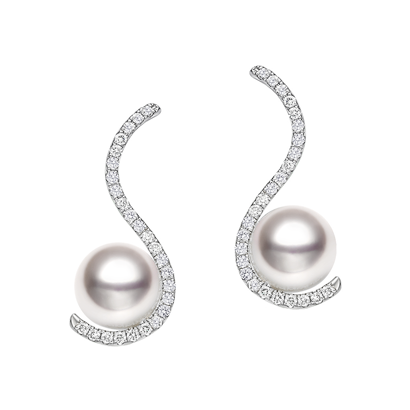Akoya pearl and diamond earrings with white gold swan design from Reflection Collection, showcasing elegant jewelry craftsmanship.