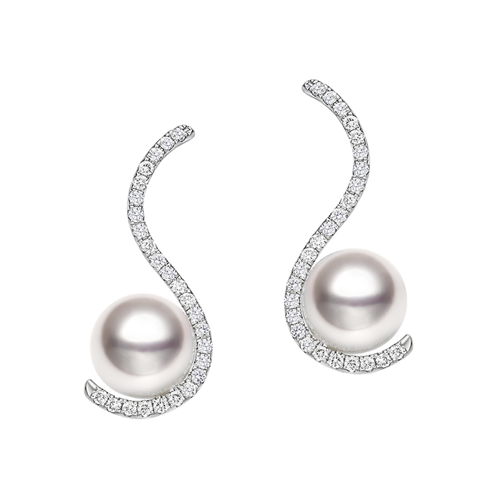 Akoya pearl and diamond earrings with white gold swan design from Reflection Collection, showcasing elegant jewelry craftsmanship.