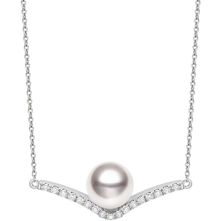 Akoya saltwater pearl 18K white gold diamond V-shape necklace from Reflection Collection, showcasing elegant pearl and sparkling diamonds.