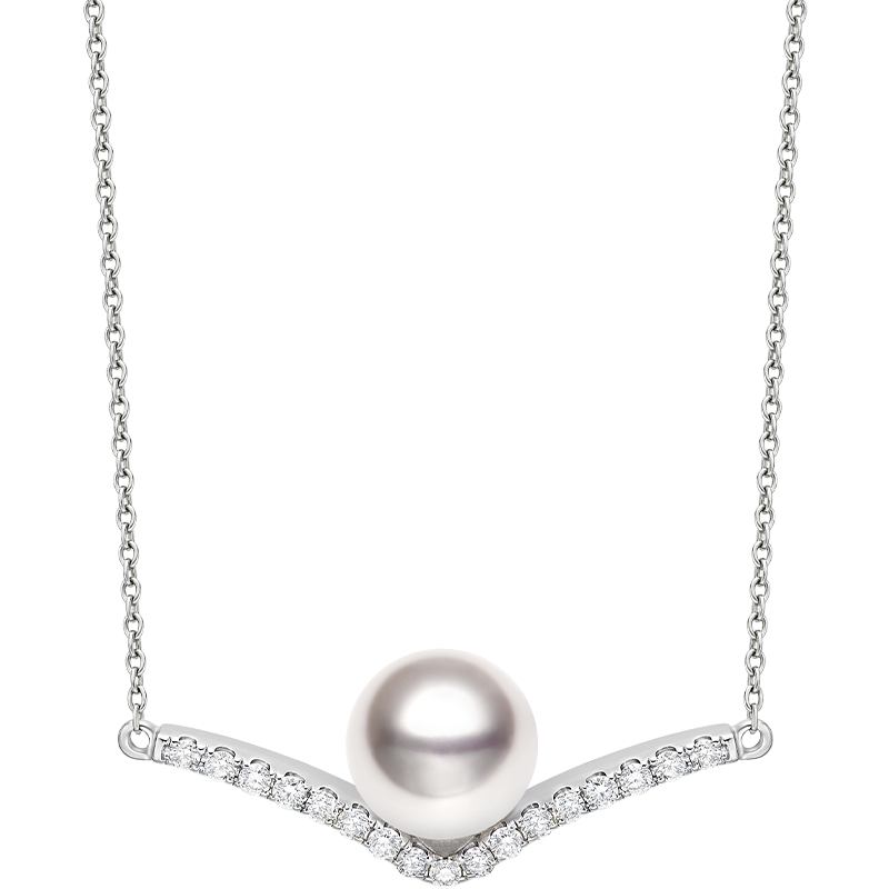 Akoya saltwater pearl 18K white gold diamond V-shape necklace from Reflection Collection, showcasing elegant pearl and sparkling diamonds.