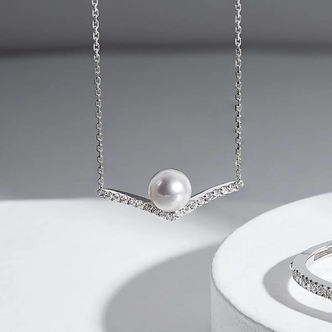 REFLECT COLLECTION Akoya Saltwater Pearl 18K White Gold Diamond V-shape Necklace - HELAS Jewelry
