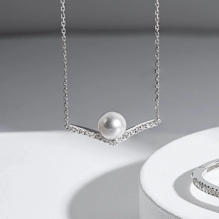 REFLECT COLLECTION Akoya Saltwater Pearl 18K White Gold Diamond V-shape Necklace - HELAS Jewelry