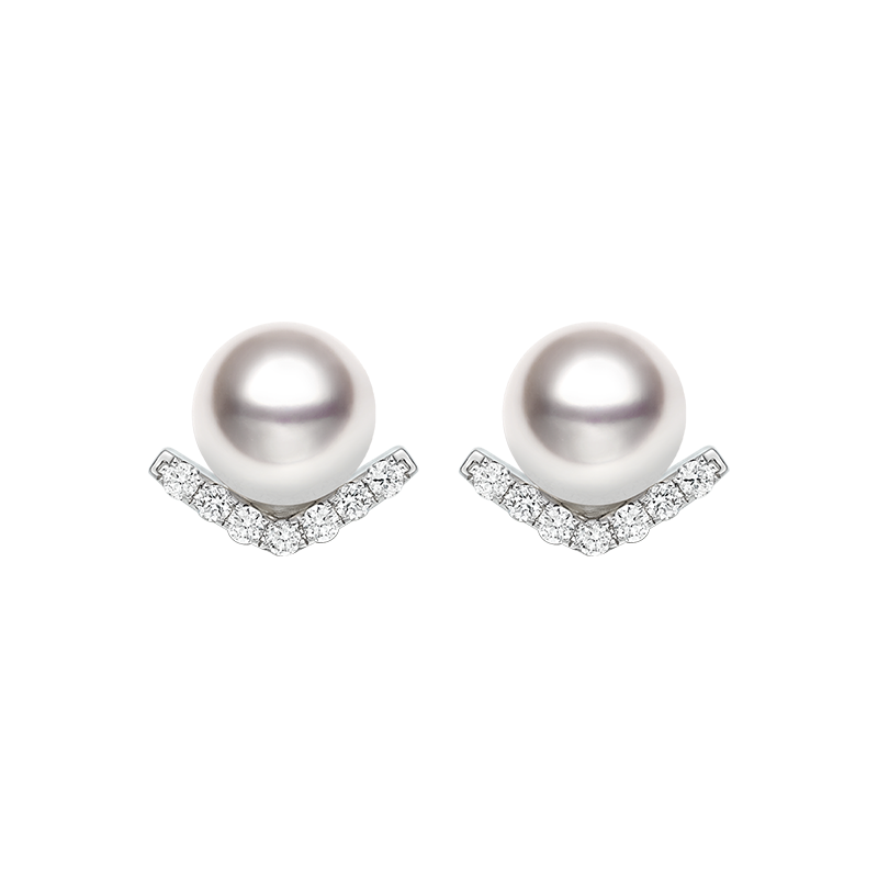 Akoya pearl and diamond stud earrings with V-shape design in 18K white gold from Reflection Collection