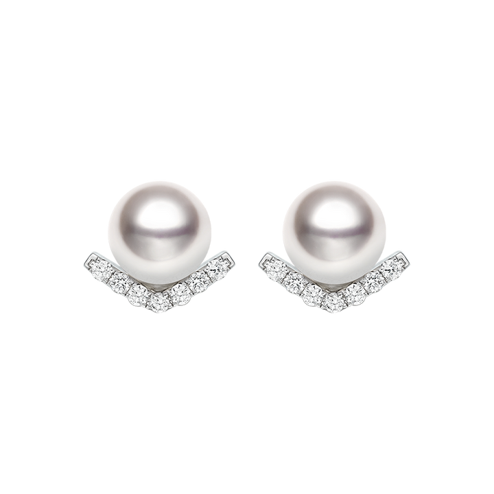 Akoya pearl and diamond stud earrings with V-shape design in 18K white gold from Reflection Collection