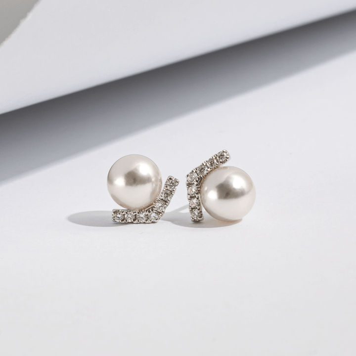 Akoya Pearl 18K White Gold V - shape Diamond Stud Earrings - HELAS Jewelry