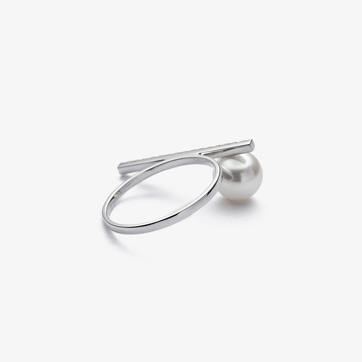 Akoya pearl and moon diamond ring in 18K white gold from Reflection Collection, showcasing elegant jewelry design.