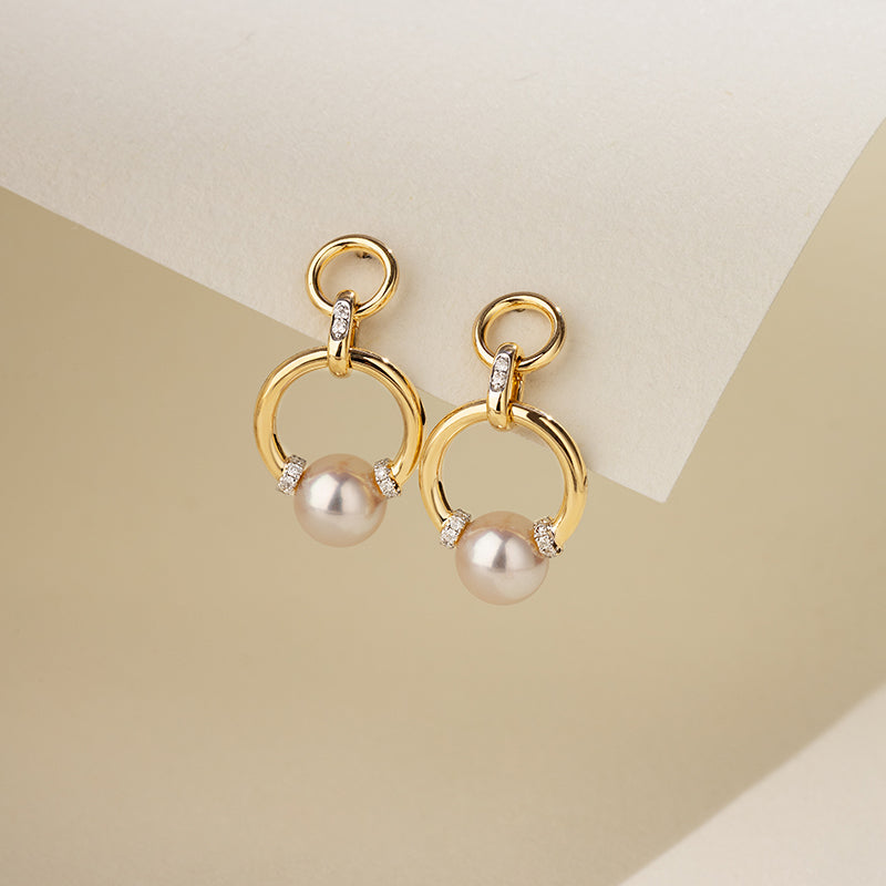 Akoya Saltwater Pearl 18K Gold Diamond Knot Round Hoop Earrings