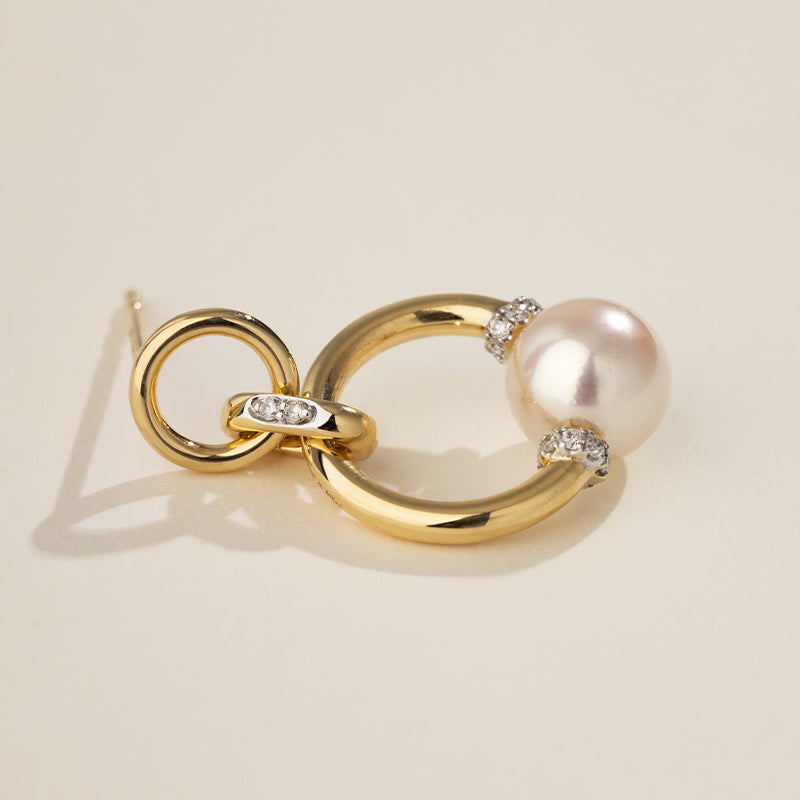 Akoya Saltwater Pearl 18K Gold Diamond Knot Round Hoop Earrings