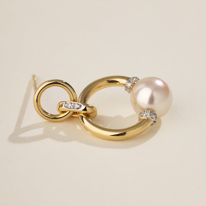 Akoya Saltwater Pearl 18K Gold Diamond Knot Round Hoop Earrings