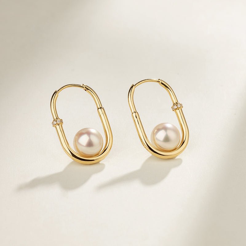 Pair of freshwater pearl gold vermeil diamond hoop earrings flat lay, 925 sterling silver