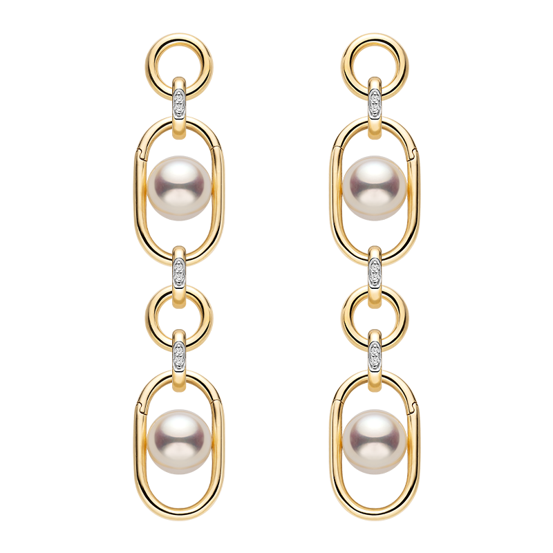 Freshwater pearl gold vermeil double-link interlocking oval drop earrings, long style, full product view