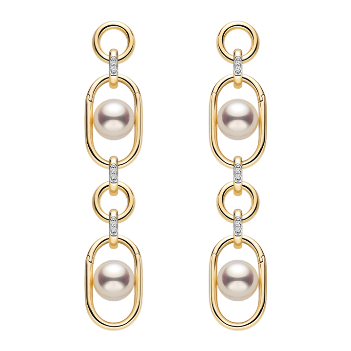 Freshwater pearl gold vermeil double-link interlocking oval drop earrings, long style, full product view