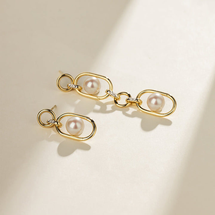 Gold vermeil interlocking oval drop earrings with freshwater pearls and lab-grown diamonds, short and long styles