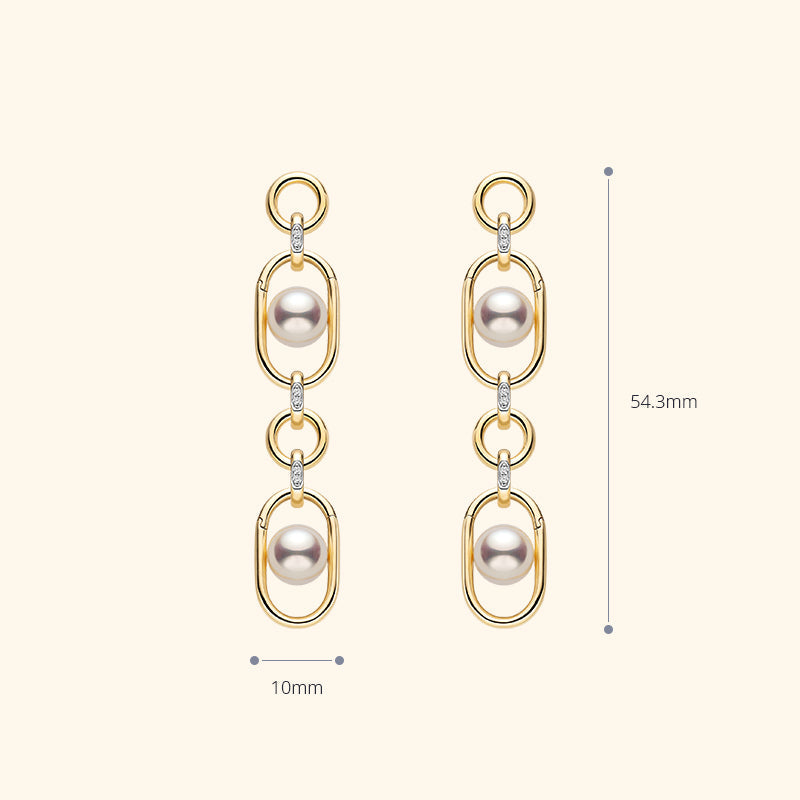 Freshwater pearl gold vermeil double-link oval drop earring size reference — 10mm wide, 54.3mm long, long style