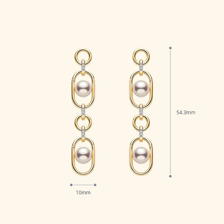 Freshwater pearl gold vermeil double-link oval drop earring size reference — 10mm wide, 54.3mm long, long style
