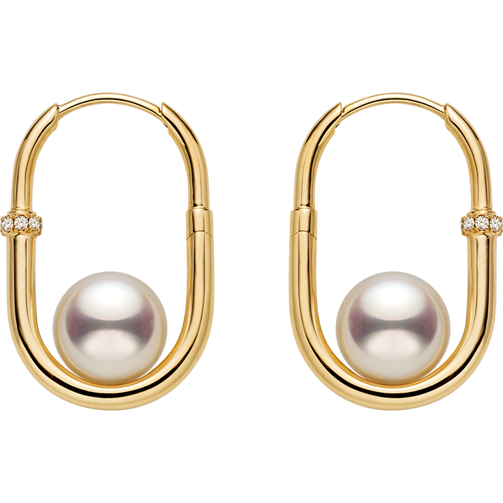 AAAAA freshwater pearl gold vermeil diamond U-shaped hoop earrings in 925 sterling silver, white background