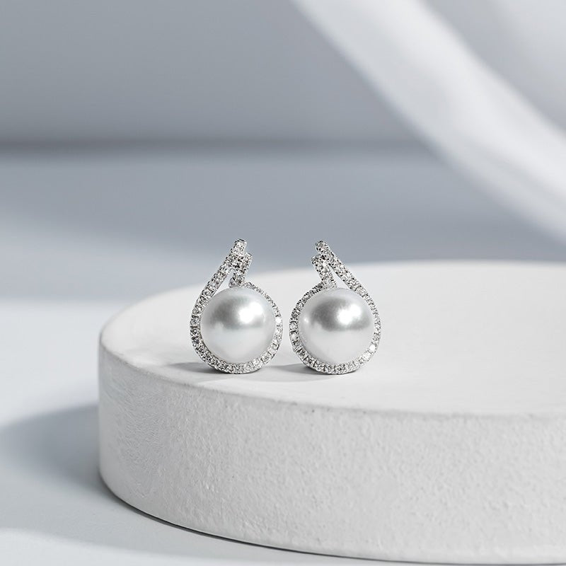 South Sea Pearl 18K White Gold Diamonds Shell Embrace Earrings - HELAS Jewelry