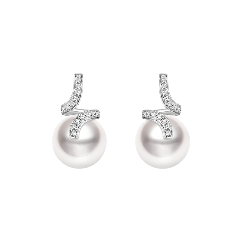 South Sea Pearl 18K White Gold Elegant Wave Stud Diamonds Earrings - HELAS Jewelry