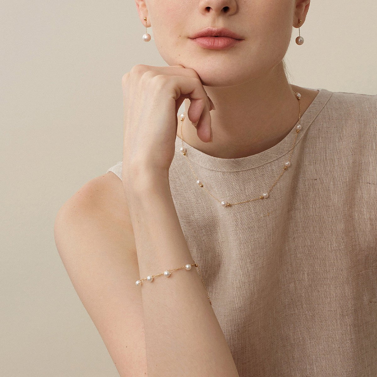 Akoya pearl and 18K gold baby's breath double strand bracelet from Star Trails Collection, featuring elegant pearls and gold accents.