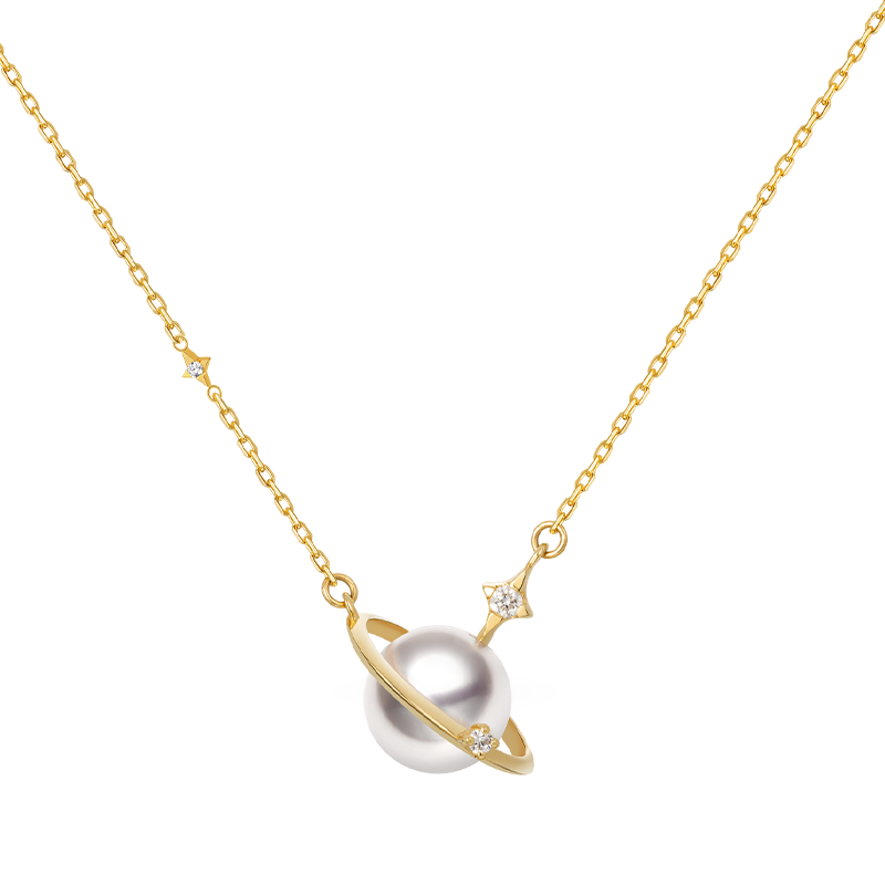 Saltwater pearl 18K gold diamond planet necklace from Star Trails Collection, featuring a celestial-inspired design with pearls and diamonds.