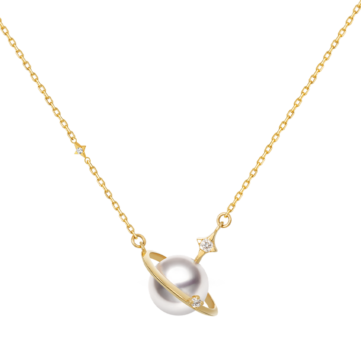 Saltwater pearl 18K gold diamond planet necklace from Star Trails Collection, featuring a celestial-inspired design with pearls and diamonds.