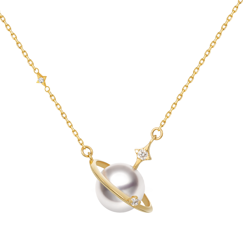 Saltwater pearl and diamond planet necklace in 18K gold from Star Trails Collection, featuring a celestial-inspired design.
