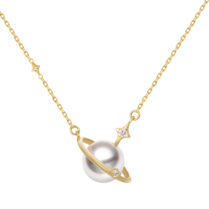 Saltwater pearl and diamond planet necklace in 18K gold from Star Trails Collection, featuring a celestial-inspired design.