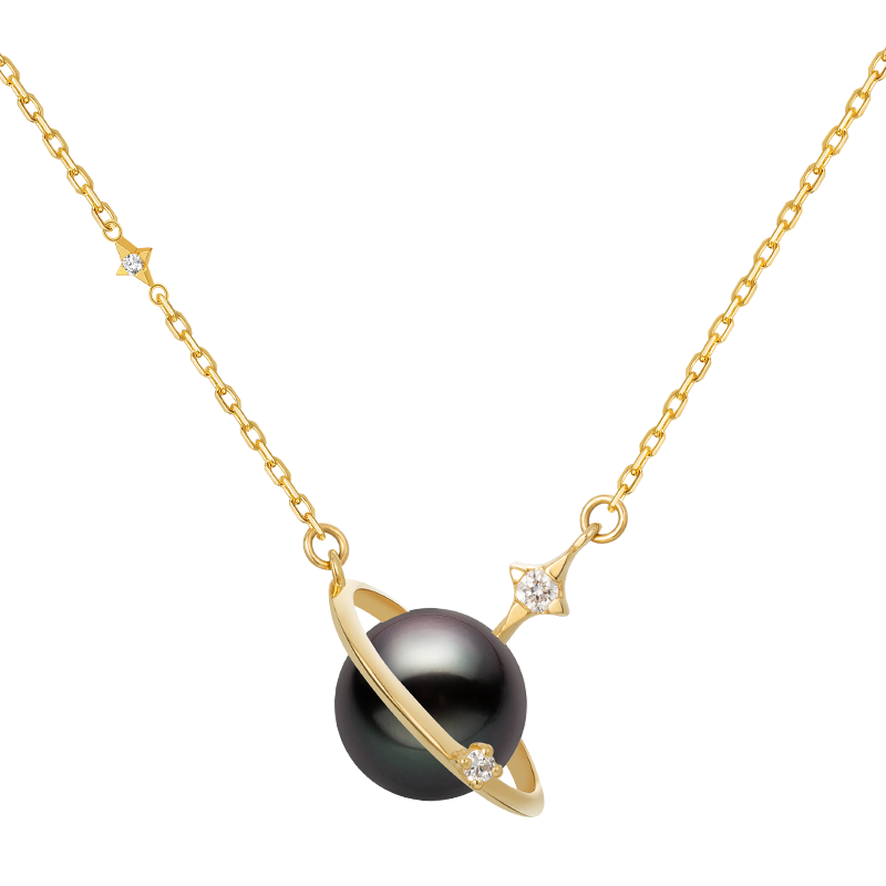 Saltwater pearl 18K gold diamond planet necklace from Star Trails Collection featuring a spherical pearl and sparkling diamond accents.