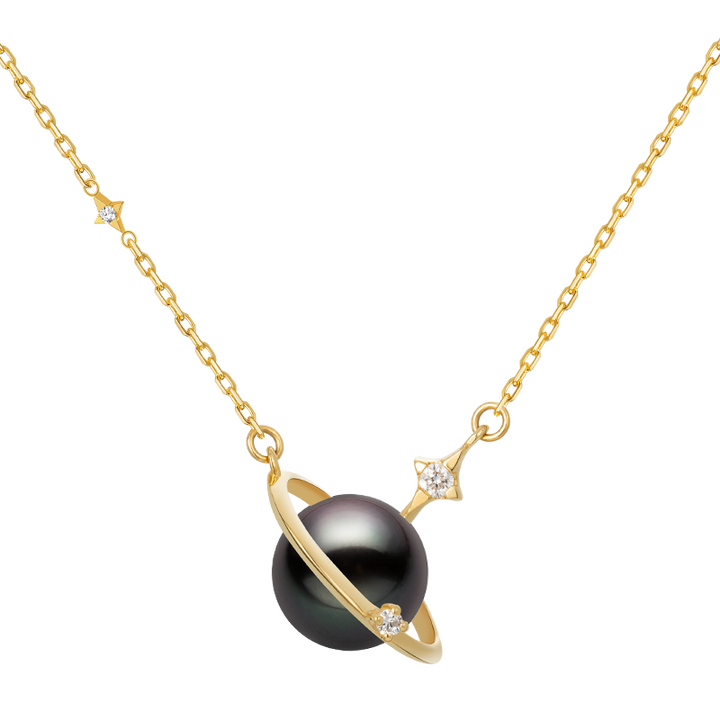 Saltwater pearl 18K gold diamond planet necklace from Star Trails Collection featuring a spherical pearl and sparkling diamond accents.