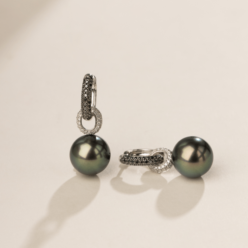 Tahitian Pearl 18K Gold Black Diamonds Terra Son Hoop Earrings - HELAS Jewelry