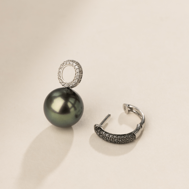 Tahitian Pearl 18K Gold Black Diamonds Terra Son Hoop Earrings - HELAS Jewelry