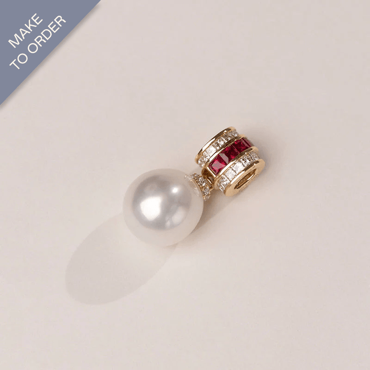 Teardrop South Sea Pearl 18K Gold Diamond Ruby Barrel Pendant Necklace - HELAS Jewelry