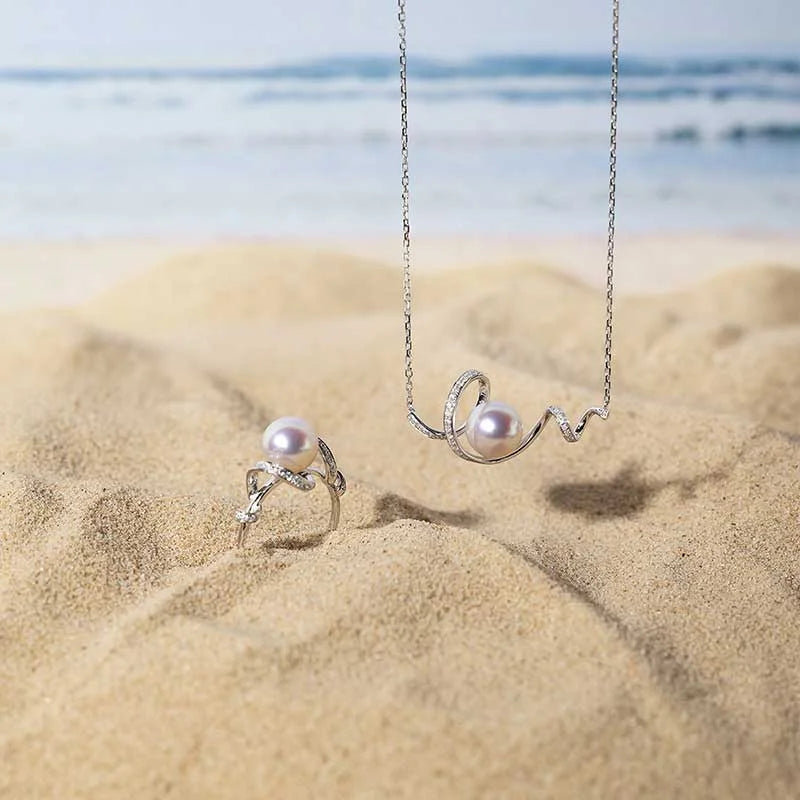 WAVES COLLECTION Akoya Pearl 18K White Gold Big Wave Curl Diamonds Necklace WAVES COLLECTION Akoya Pearl 18K White Gold Big Wave Curl Diamonds Necklace THE WAVES COLLECTION
