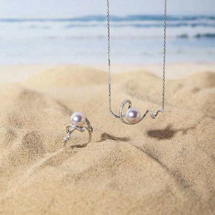 WAVES COLLECTION Akoya Pearl 18K White Gold Big Wave Curl Diamonds Necklace WAVES COLLECTION Akoya Pearl 18K White Gold Big Wave Curl Diamonds Necklace THE WAVES COLLECTION