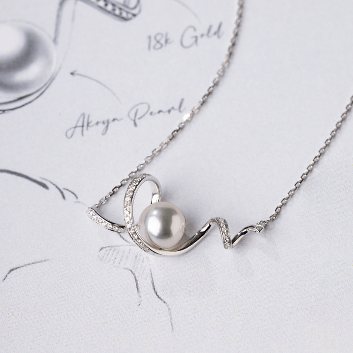 Akoya Pearl 18K White Gold Big Wave Curl Diamonds Necklace - HELAS Jewelry