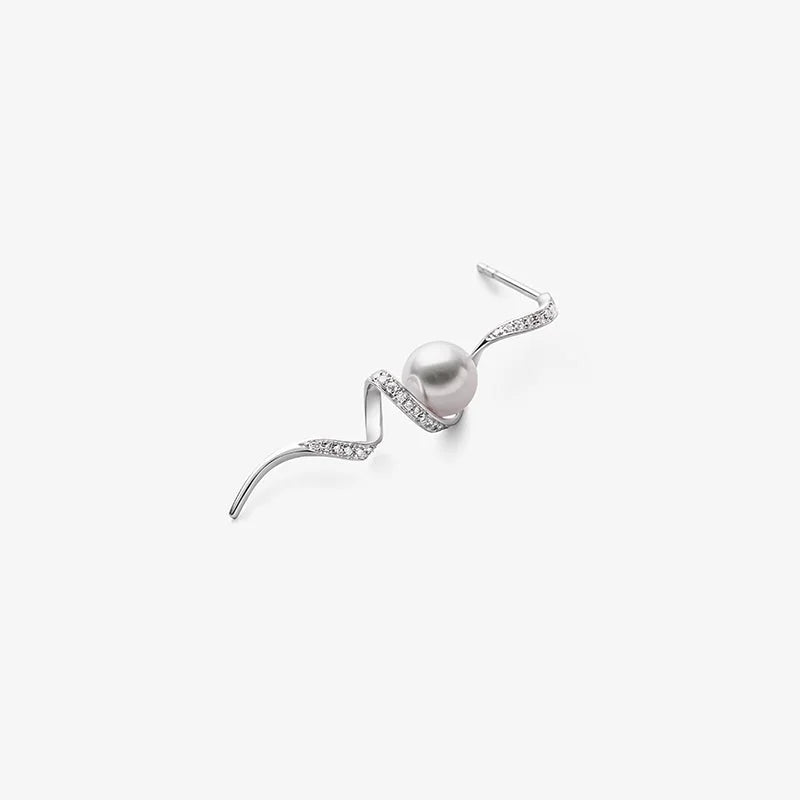 WAVES COLLECTION Akoya Pearl 18K White Gold Wave Curl Long Drop Diamonds Earrings WAVES COLLECTION Akoya Pearl 18K White Gold Wave Curl Long Drop Diamonds Earrings THE WAVES COLLECTION