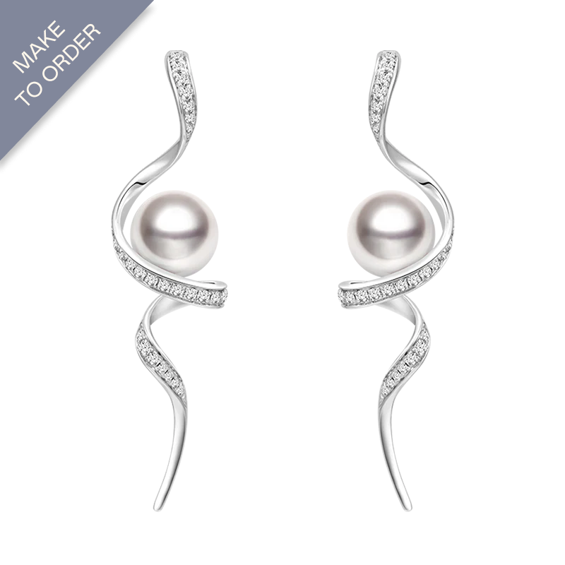 Akoya Pearl 18K Solid Gold Wave Curl Long Drop Diamonds Earrings