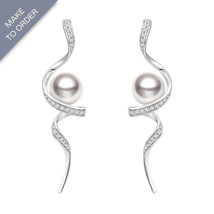 Akoya Pearl 18K Solid Gold Wave Curl Long Drop Diamonds Earrings