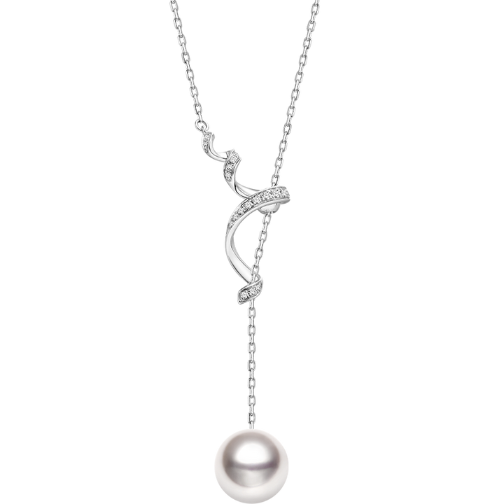 AAAAA freshwater pearl rhodium-plated 925 sterling silver diamond Y-shaped lariat necklace, white background