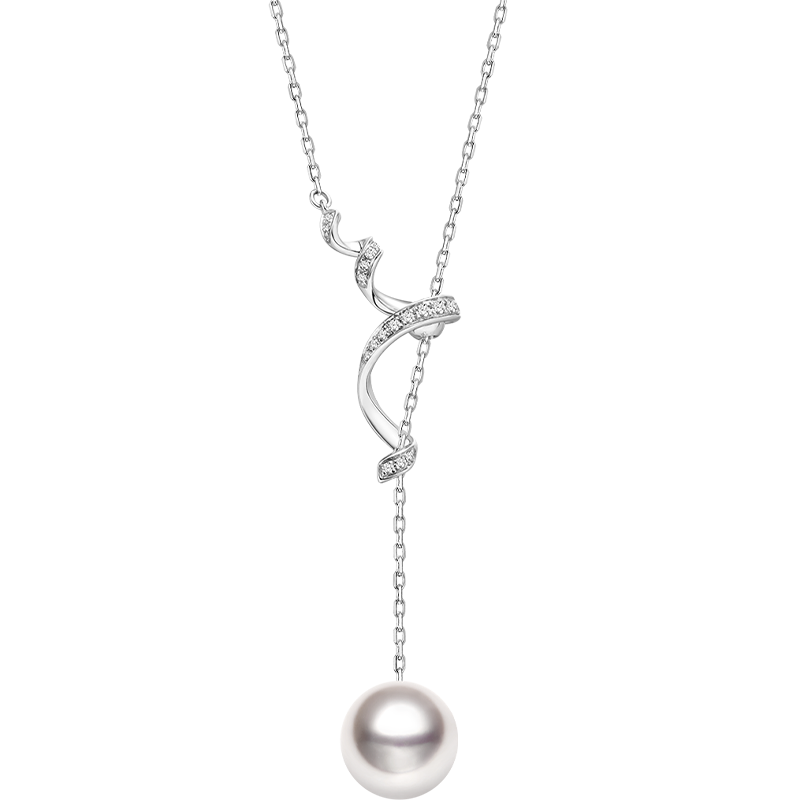 AAAAA freshwater pearl rhodium-plated 925 sterling silver diamond Y-shaped lariat necklace, white background