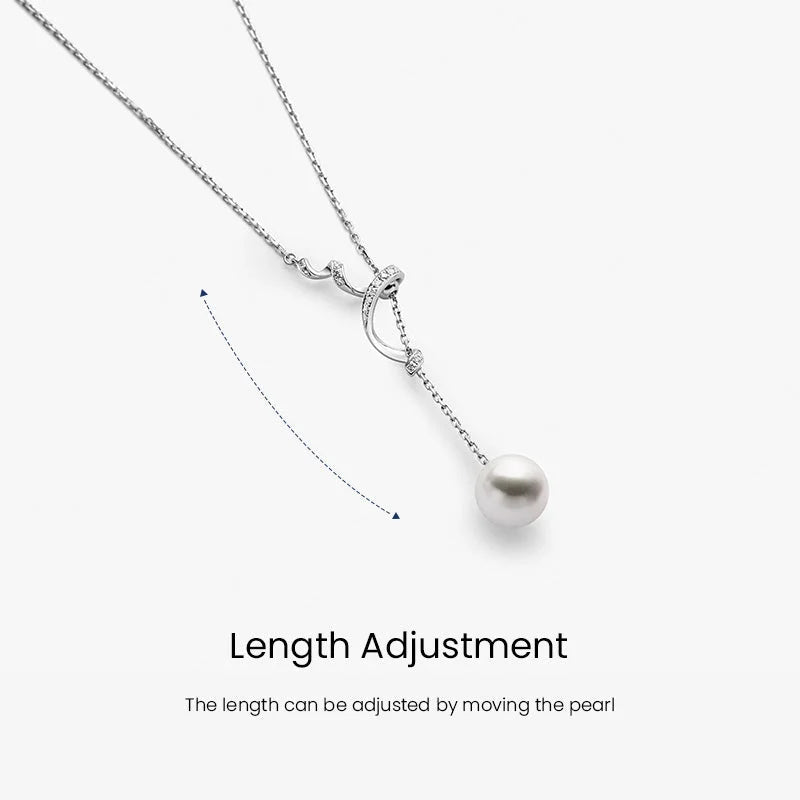Length adjustment diagram showing adjustable pearl drop on sterling silver Y-shaped lariat necklace