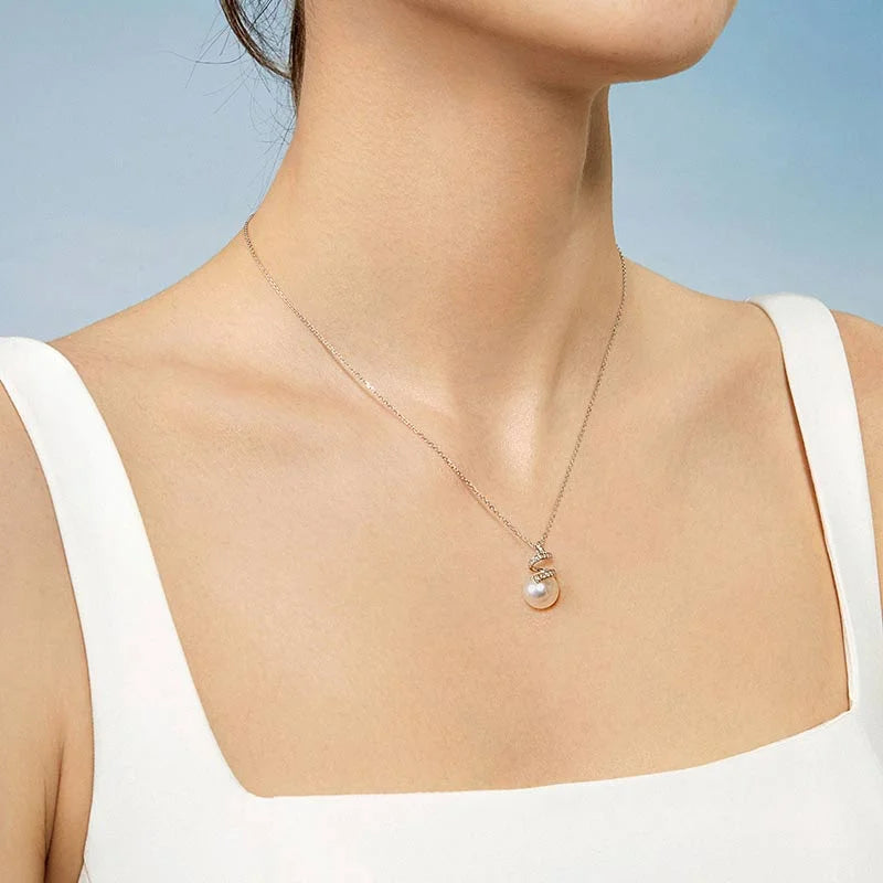 Akoya Pearl 18K White Gold Multi-Curve Wave Diamonds Pendant Necklace