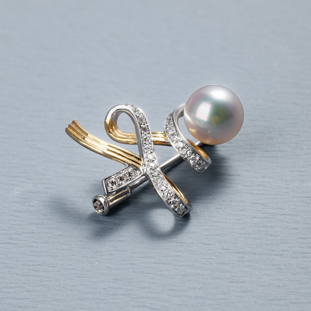 Akoya Pearl 18K Gold Diamonds Two - tone Ribbon Wish Tree Brooch - HELAS Jewelry