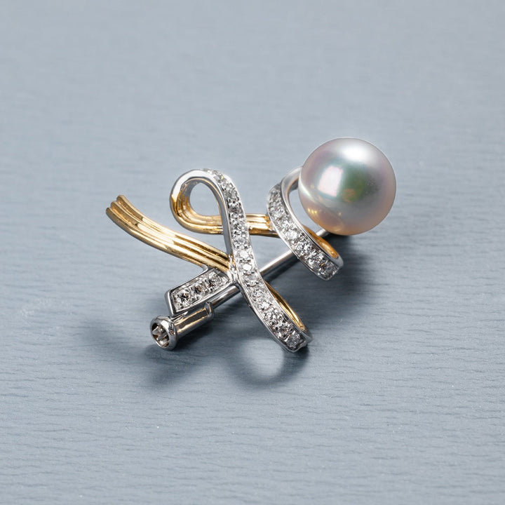 Akoya Pearl 18K Gold Diamonds Two - tone Ribbon Wish Tree Brooch - HELAS Jewelry