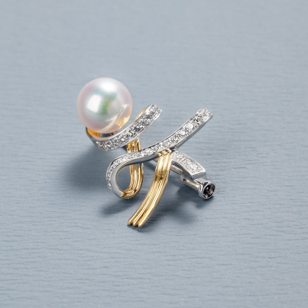 Akoya Pearl 18K Gold Diamonds Two - tone Ribbon Wish Tree Brooch - HELAS Jewelry